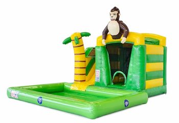 Bestel opblaasbaar mini groen splash bounce springkussen in jungle thema met bovenop 3D object van een gorilla voor kinderen. Koop springkussens online bij JB Inflatables Nederland 