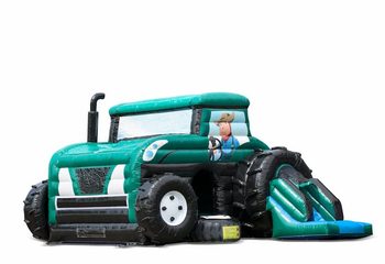 Opblaasbaar overdekt groen maxi multifun springkussen met glijbaan kopen in thema tractor trekker voor kinderen. Bestel online springkussens bij JB Inflatables Nederland