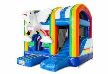 Klein overdekt opblaasbaar multiplay luchtkussen met glijbaan kopen in thema unicorn voor kinderen. Bestel opblaasbare springkastelen online bij JB Inflatables Nederland