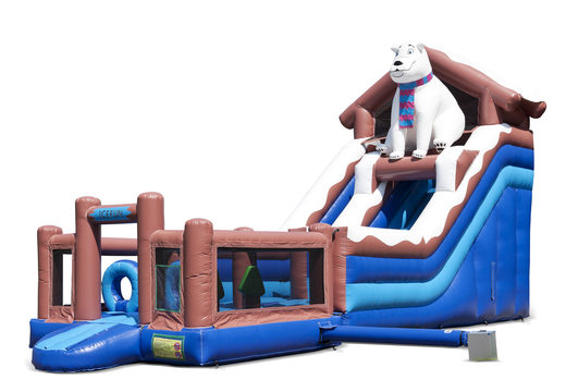Zamów dmuchaną wielofunkcyjną zjeżdżalnię w motywie niedźwiedzia polarnego z brodzikiem, imponującym obiektem 3D, świeżymi kolorami i przeszkodami 3D dla dzieci. Kup nadmuchiwane zjeżdżalnie online w JB Dmuchańce Polska