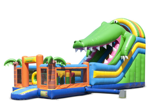 Nadmuchiwana zjeżdżalnia w stylu krokodyla z brodzikiem, imponującym obiektem 3D, świeżymi kolorami i przeszkodami 3D dla dzieci. Kup nadmuchiwane zjeżdżalnie online w JB Dmuchańce Polska