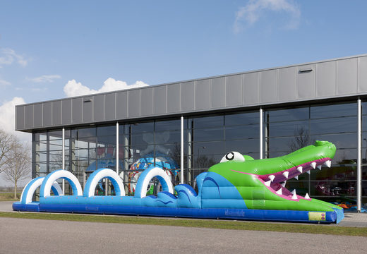 Spektakularna dmuchana zjeżdżalnia z krokodylowym brzuchem o długości 18 metrów z bardzo szerokim torem dla dzieci. Kup nadmuchiwane ślizgacze brzucha już teraz online w JB Dmuchańce Polska