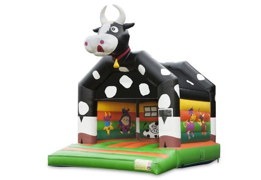 Kup standardowy dmuchany zamek dla dzieci w efektownych kolorach z dużym trójwymiarowym obiektem krowy na wierzchu. Kup dmuchane zamki online wJB Dmuchańce Polska