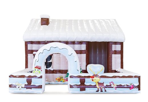  Do kupienia brązowy domek dmuchana chatka świętego mikołaja z dachem pokrytym śniegiem, z wnętrzem do dowolnej aranżacji. Zamów online dmuchane obiekty dekoracyjne od producenta JB Dmuchance