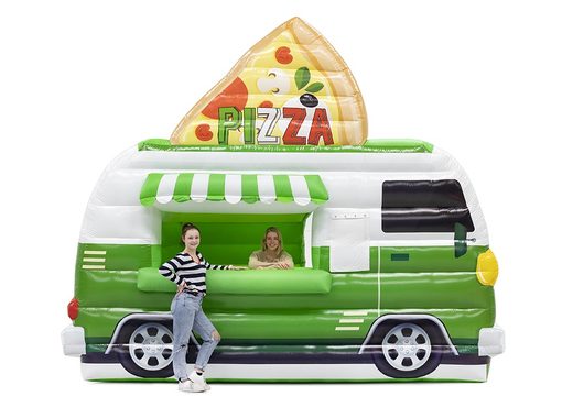 Na sprzedaż dmuchany zielony foodtruck z motywem pizzy z opcją naniesienia własnej reklamy i nadruku.  Zamów dmuchańce z certyfikatem od producenta trwałych obiektów dmuchanych JB Dmuchance  
