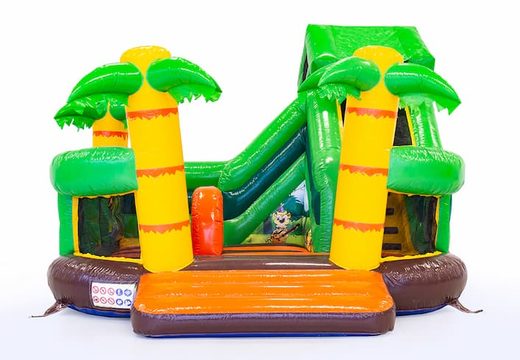 Dmuchany zamek Funcity Jungle ze zjeżdżalnią w środku, obiektem 3D na powierzchni do skakania i zabawnym wzorem dżungli dla dzieci. Kup dmuchane zamki online w JB Dmuchańce Polska