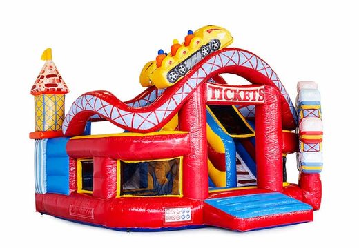 Dmuchany zamek Funcity Rollercoaster ze zjeżdżalnią w środku i obiektem 3D na powierzchni do skakania dla dzieci. Zamów dmuchane zamki online w JB Dmuchańce Polska