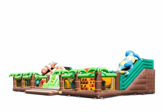 Kup duży dmuchany zamek w otwartym parku zabaw ze zjeżdżalnią i grami w tematycznym świecie dżungli 20 metrów dla dzieci. Zamów dmuchane zamki online w JB Dmuchańce Polska
