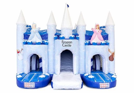 Zamów niebiesko-biały dmuchany zamek w lodowym motywie w unikalnym designie, ze zjeżdżalnią i obiektami 3D dla dzieci. Kup dmuchane zamki online w JB Dmuchańce Polska