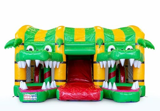 Multiplay XXL dmuchany zamek Krokodyl o wyjątkowym designie z dwoma wejściami, zjeżdżalnią pośrodku i obiektami 3D dla dzieci. Kup dmuchane zamki online w JB Dmuchańce Polska