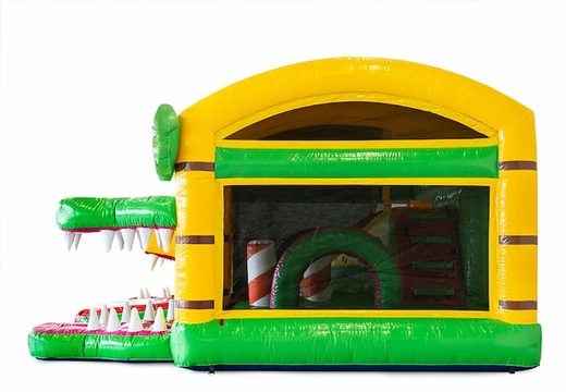 Nadmuchiwany wielofunkcyjny dmuchany zamek Jungleworld ze zjeżdżalnią pośrodku i obiektami 3D dla dzieci. Zamów dmuchane zamki online w JB Dmuchańce Polska