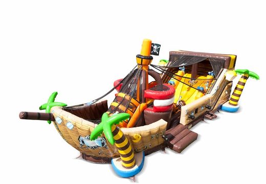 Zamów dmuchany zamek Mega Pirate Shooter w kształcie statku ze strzelanką i zjeżdżalnią dla dzieci. Kup dmuchane zamki online w JB Dmuchańce Polska