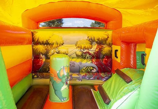 Kup mały podwórkowy wielofunkcyjny nadmuchiwany zamek ze zjeżdżalnią w motywie dinozaura dla dzieci. Zamki do skakania są dostępne online w JB Dmuchańce Polska