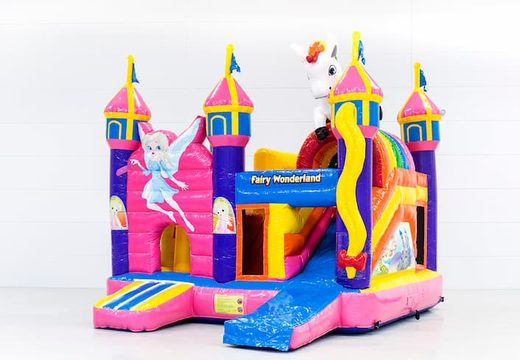 Wielofunkcyjny dmuchany zamek Fairy Wonderland ze zjeżdżalnią i zabawnymi przedmiotami na powierzchni do skakania dla dzieci. Kup dmuchane zamki do skakania online w JB Dmuchańce Polska