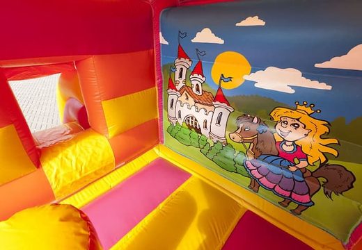 Midi multifun nadmuchiwany domek do skakania dla dzieci na sprzedaż w połączeniu kolorystycznym różowego żółtego i pomarańczowego w motywie księżniczki. Online dmuchane zamki w JB Dmuchańce Polska