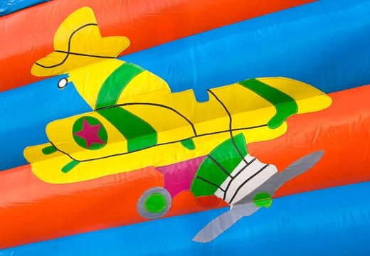Kup standardowe dmuchany zamek w efektownych kolorach z dużym obiektem 3D w kształcie samolotu na górze dla dzieci. Zamów dmuchane zamki online w JB Dmuchańce Polska
