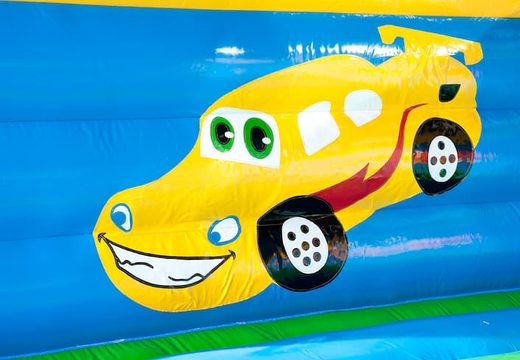 Duży super dmuchany zamek pokryty wesołymi animacjami w motywie samochodowym dla dzieci. Zamów dmuchane zamki online w JB Dmuchańce Polska