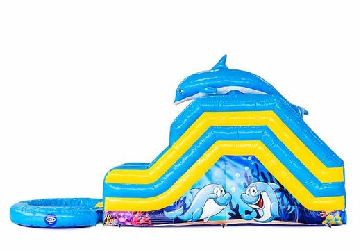 Kup nadmuchiwany dom ze zjeżdżalnią wodną w stylu delfina z obiektem 3D na górze. Zamów nadmuchiwane domy do skakania online w JB Dmuchańce Polska