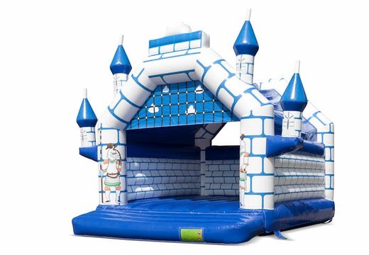 Kup duży kryty niebiesko-biały domek do skakania w motywie zamku dla dzieci. Dostępne w JB Dmuchańce Polska online