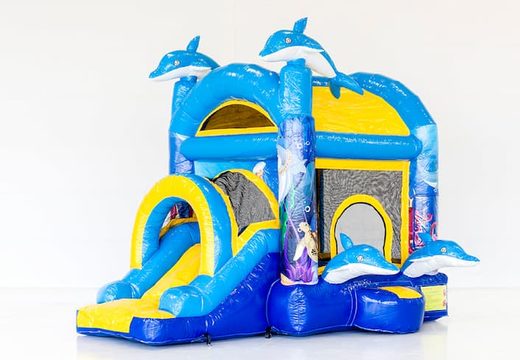 Kup dmuchany niebiesko zółty mini plac zabaw z motywem skaczących delfinów idealny na przyjęcia urodzinowe dla dzieci.  Zamów profesjonalne dmuchańce na sprzedaż z dostawą do domu od JB Dmuchance