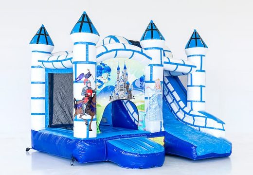 Kup niebiesko-biały dmuchany zamek w motywie zamkowym dla dzieci. Zamów dmuchane zamki do skakania online w JB Dmuchańce Polska