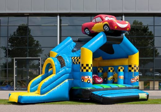 Zamów zadaszony wielofunkcyjny dmuchany zamek ze zjeżdżalnią w samochodach tematycznych z obiektem 3D na górze dla małych i starszych dzieci. Kup dmuchane zamki do skakania online w JB Dmuchańce Polska