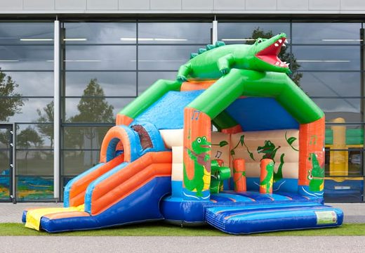 Zamów zadaszony wielofunkcyjny dmuchany zamek ze zjeżdżalnią w stylu krokodyla z obiektem 3D na górze dla małych i dużych dzieci. Kup dmuchane zamki do skakania online w JB Dmuchańce Polska