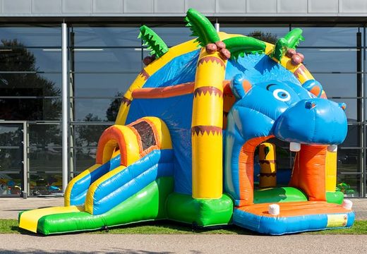 Kup zadaszony wielofunkcyjny super dmuchany zamek ze zjeżdżalnią w motywie hipopotama dla dzieci. Zamów dmuchane zamki do skakania online w JB Dmuchańce Polska