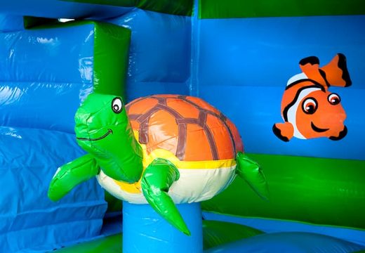 Zamów wielofunkcyjny domek do skakania z efektowną figurką żółwia 3D na górze i zjeżdżalnią dla dzieci. Kupuj domy do odbijania przez Internet w JB Dmuchańce Polska