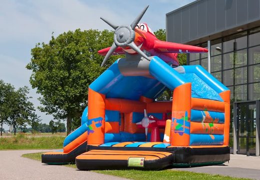 Kup zabawny dmuchany zamek w samolocie tematycznym z efektowną figurką 3D na dachu dla dzieci. Zamów dmuchane zamki do skakania online w JB Dmuchańce Polska