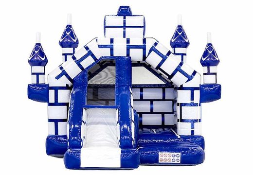 Zamów kombinację nadmuchiwanego dmuchanego zamku ze zjeżdżalnią w motywie zamku w kolorze niebieskim i białym dla dzieci