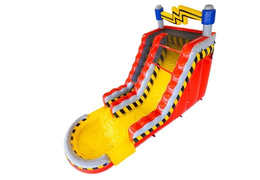 Sprzedam dmuchaną zjeżdżalnię Waterslide S18 High Voltage z motywem elektryczności w czerwono szaro żółtym kolorze