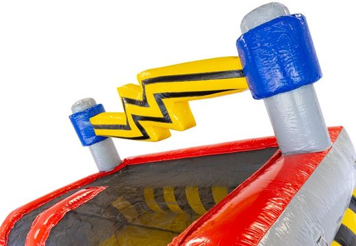Zamów dmuchaną zjeżdżalnię Waterslide S18 High Voltage z motywem elektryczności w czerwono-szaro-żółtym kolorze