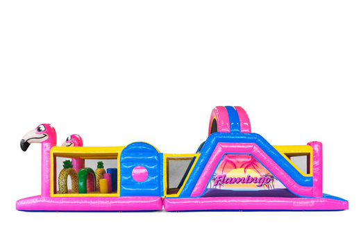 Zamów 13-metrowy dmuchany zamek z motywem Flamingo dla dzieci. Kup nadmuchiwane tory przeszkód online już teraz w JB Dmuchańce Polska