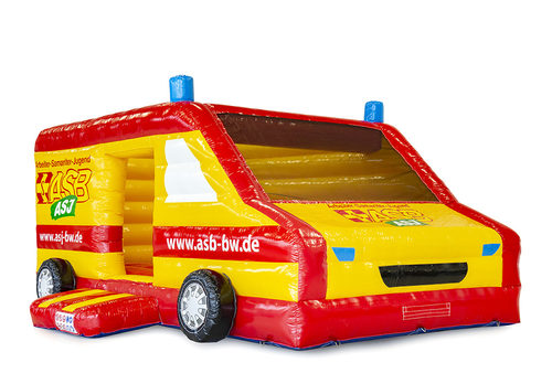 Bestel online opblaasbare  ASB- ziekenwagen springkussen in de vorm van een ziekenwagen op maat bij JB Promotions Nederland; specialist in opblaasbare reclame artikelen zoals maatwerk springkastelen